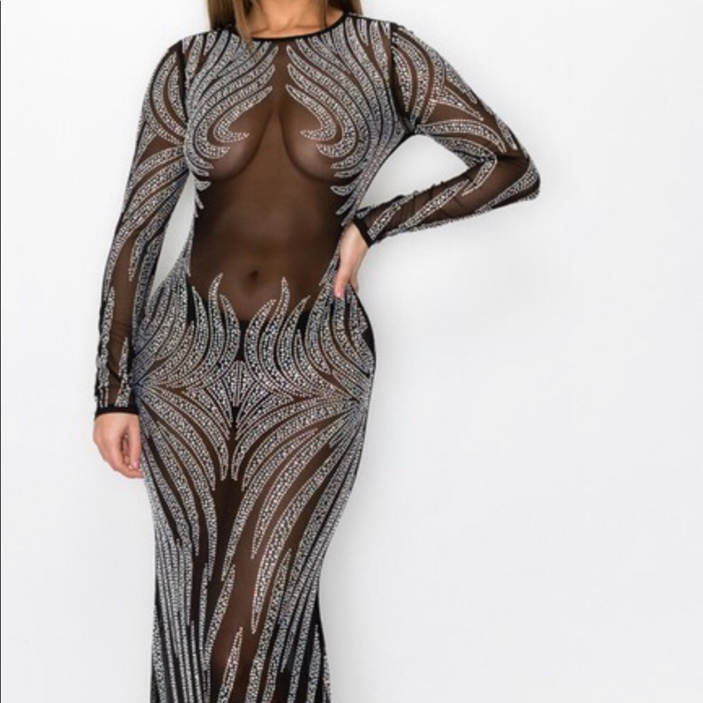 Fashion Dress Solid Transparent Diamond O-neck Long Sleeve Sexy Party Maxi